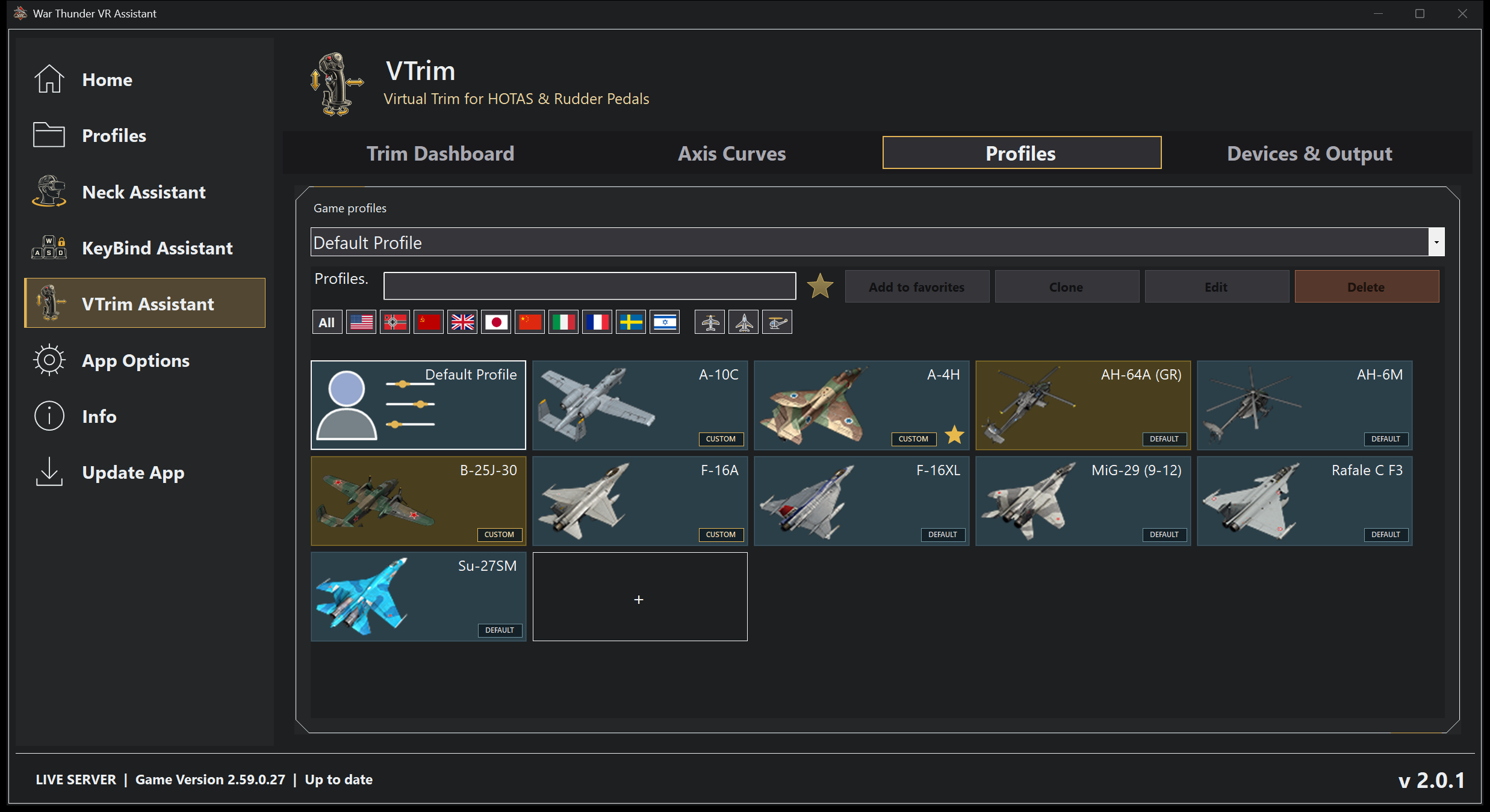 VTrim aircraft profile browser showing ten example aircraft, each with artwork, nation filters and custom or default controls