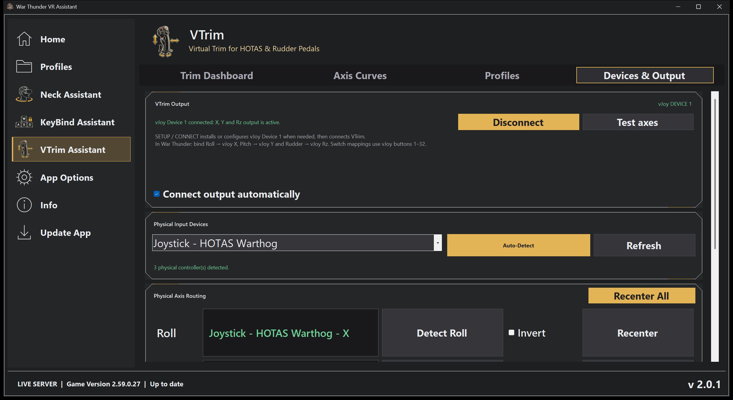 VTrim Devices and Output screen with vJoy connection, HOTAS detection and axis routing
