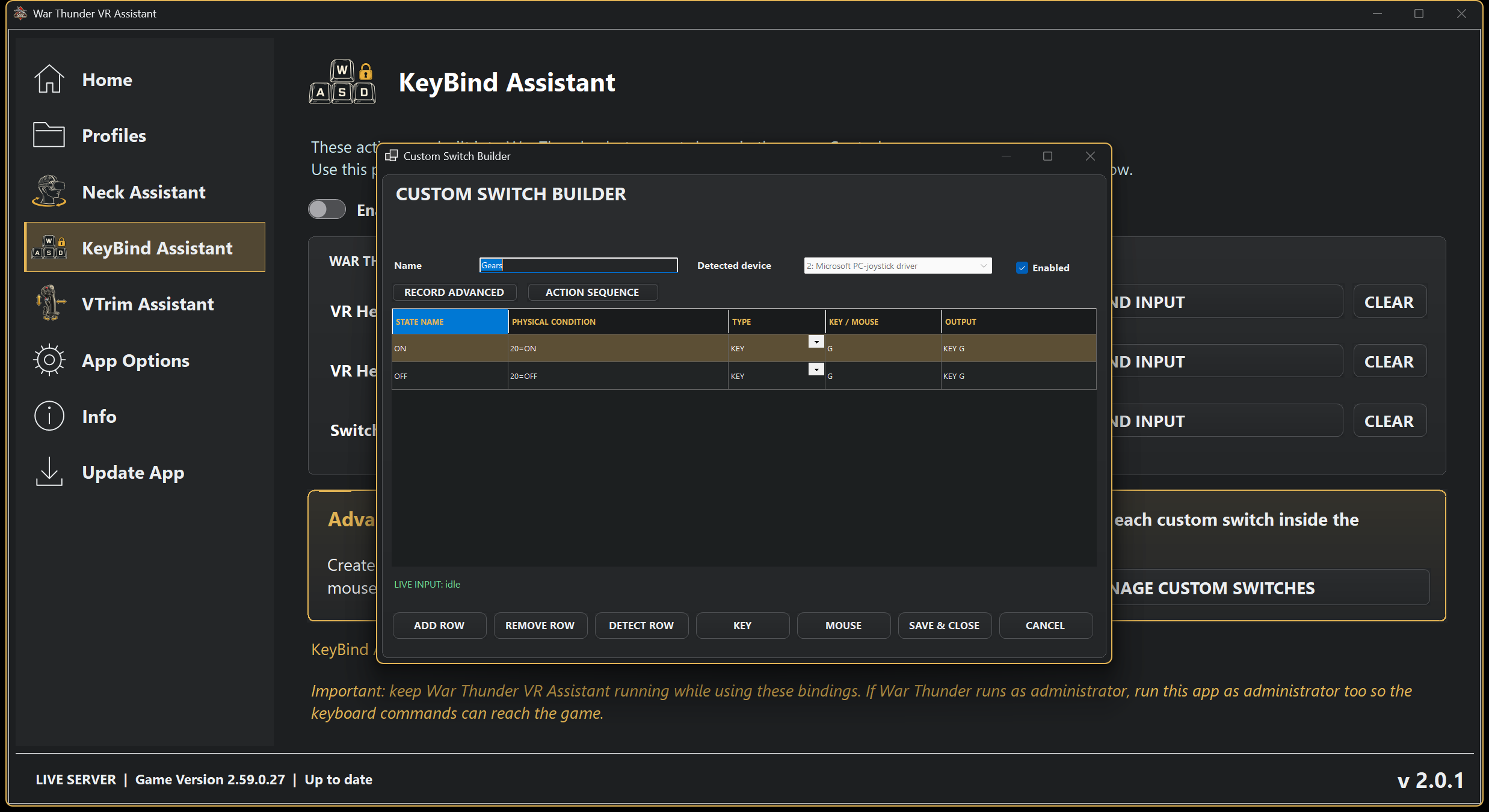Custom Switch Builder showing Gears ON and OFF positions both mapped to the G keyboard command