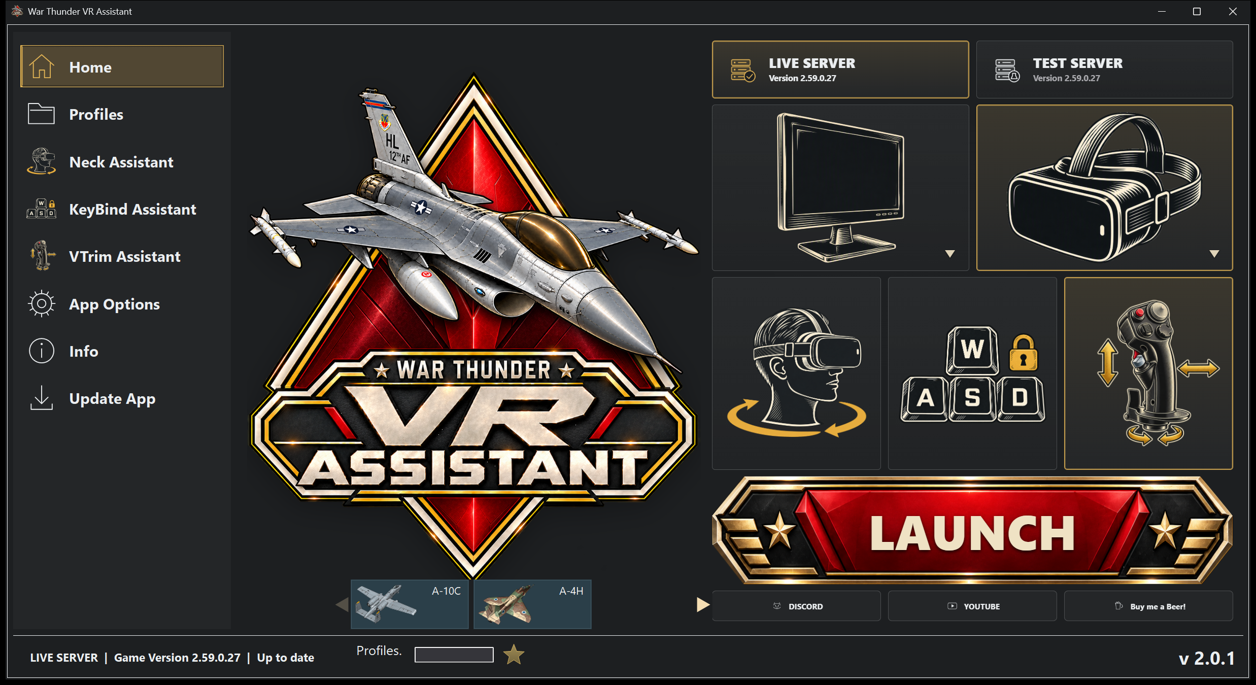 Actual Home screen showing Live and Test servers, monitor and VR choices, assistant tiles, and the Launch button