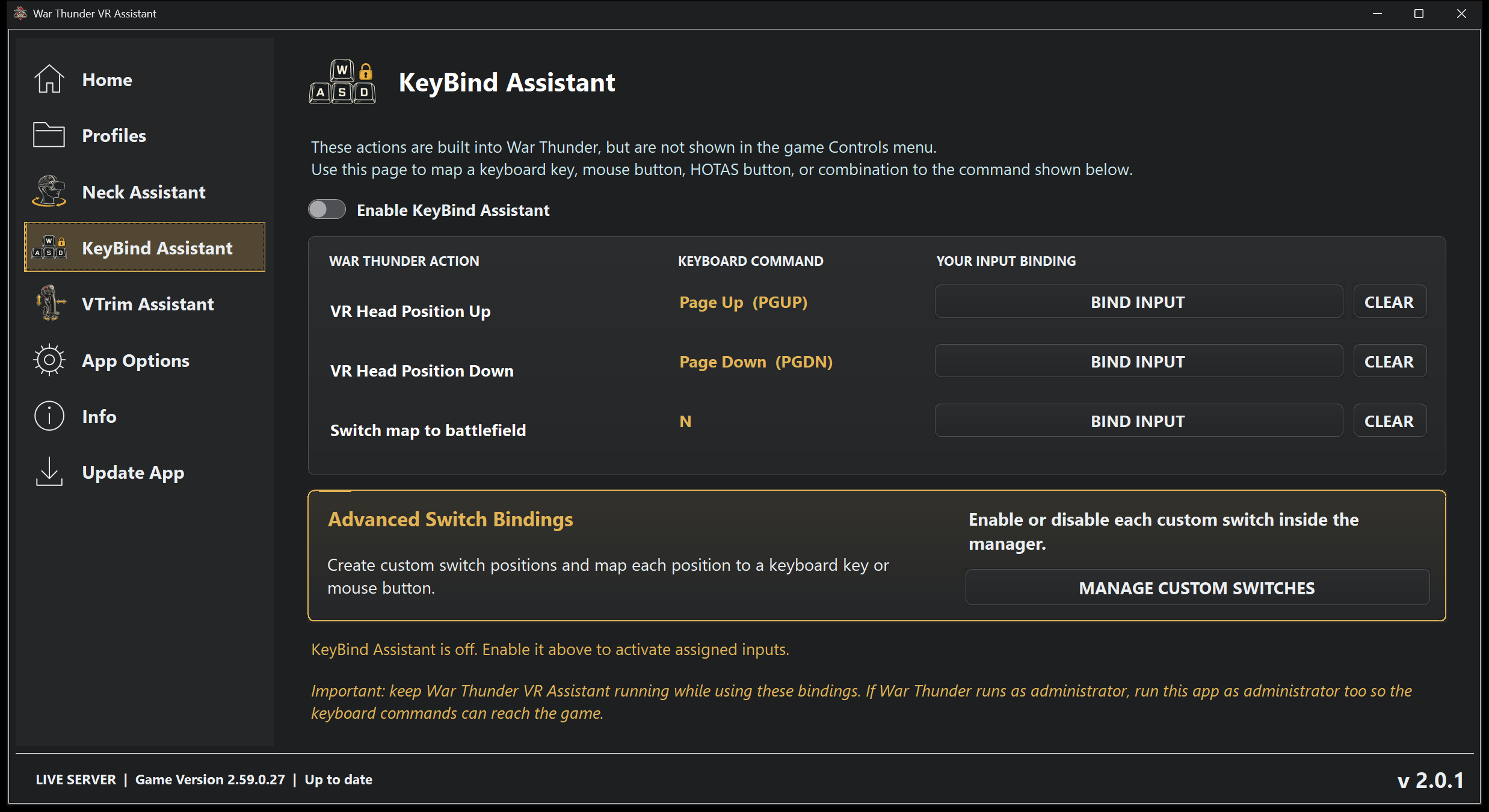 KeyBind Assistant mapping War Thunder actions to keyboard commands and HOTAS input