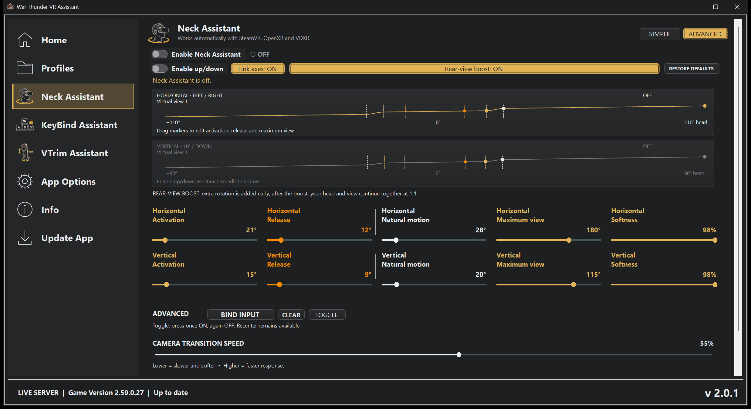 Neck Assistant Advanced mode with view curves and horizontal and vertical motion controls