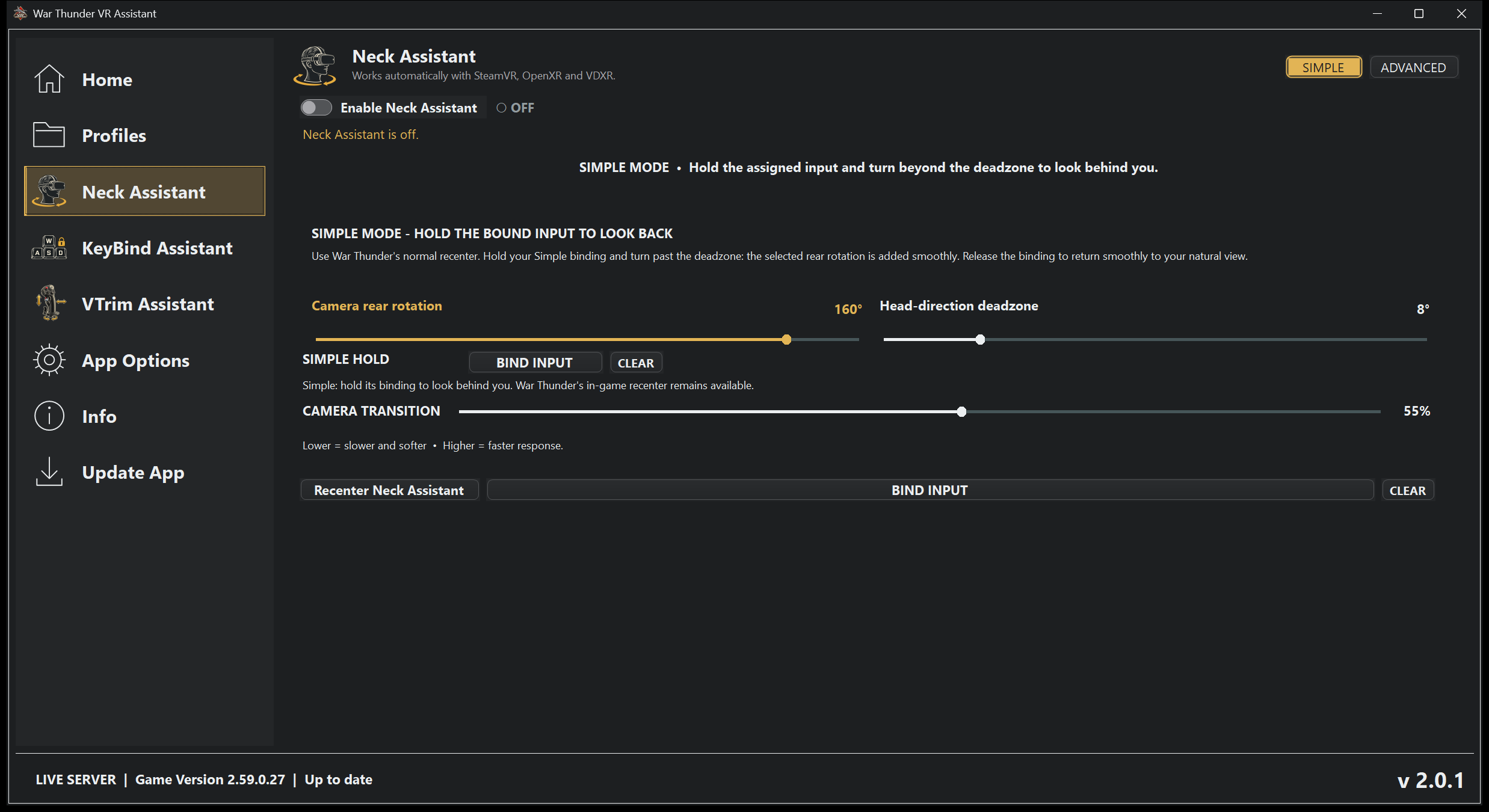 Neck Assistant Simple mode with camera rear rotation, head-direction deadzone and transition controls