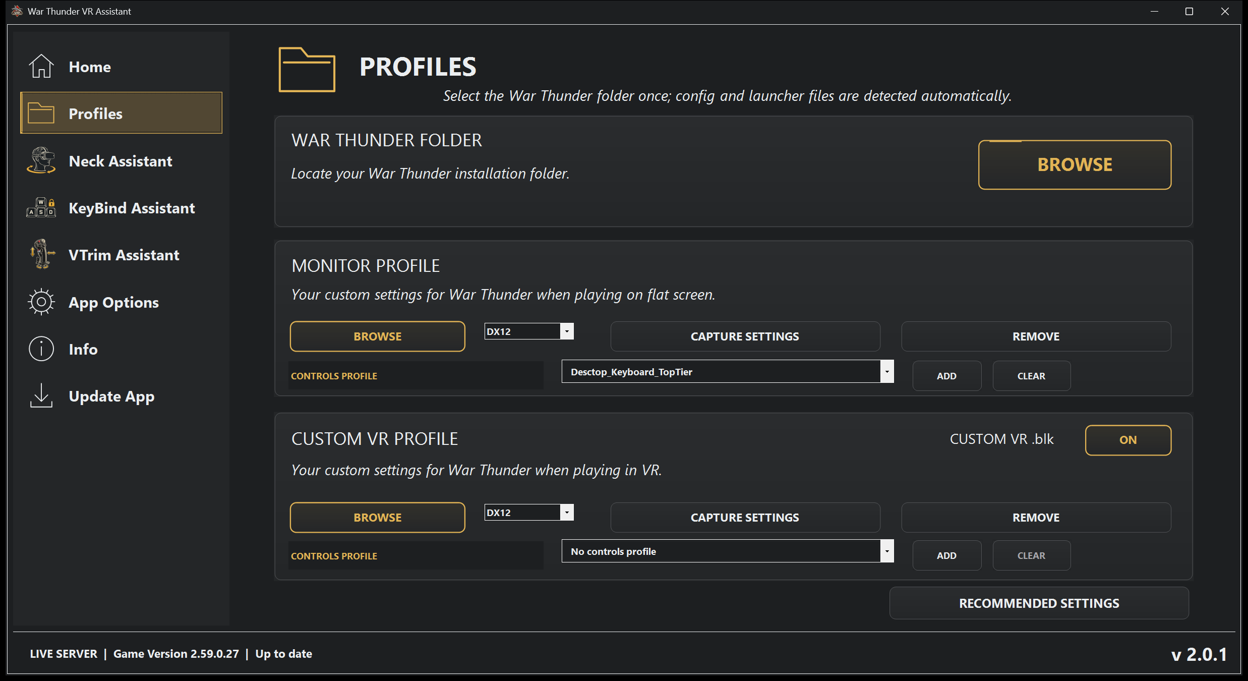 Profiles screen with separate monitor and custom VR settings and controls profiles