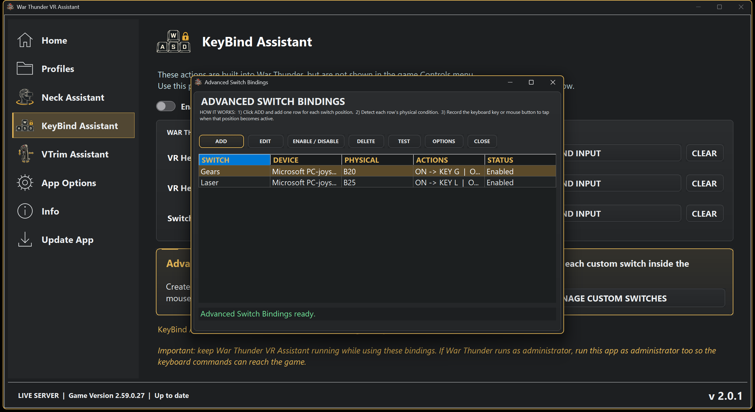 Advanced Switch Bindings manager showing enabled Gears and Laser switch configurations