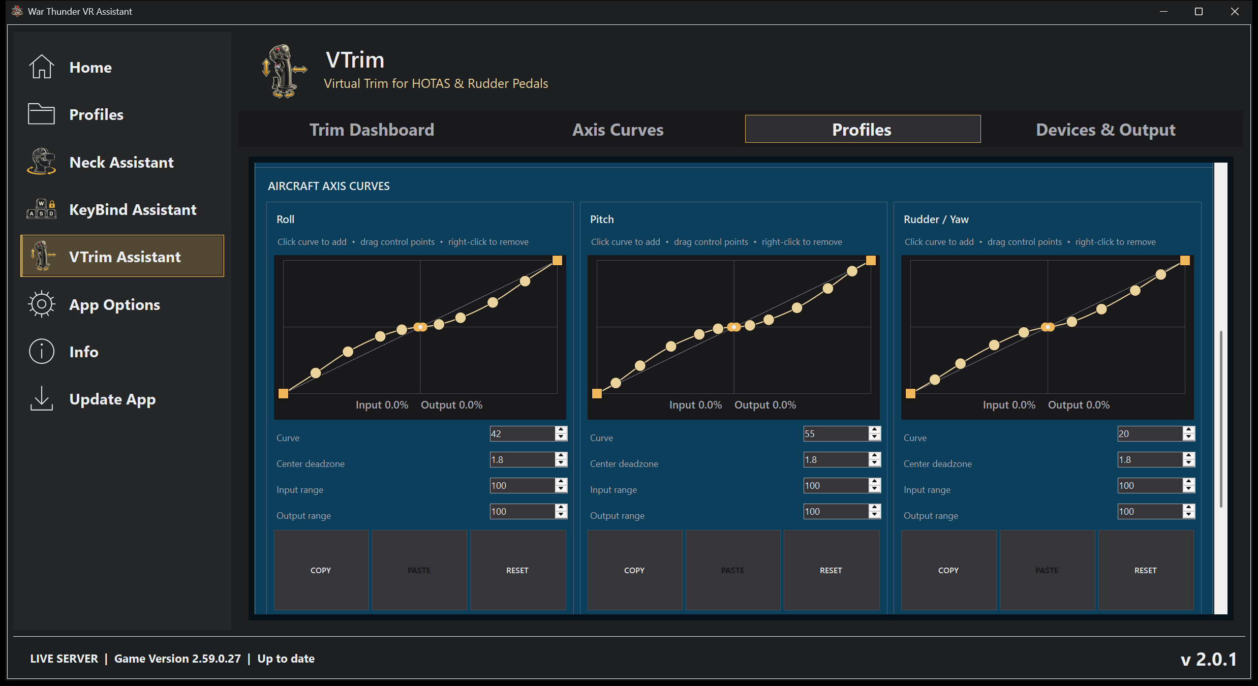 VTrim dashboard with pitch, roll and rudder trim, live stick monitor, and Store Trim control